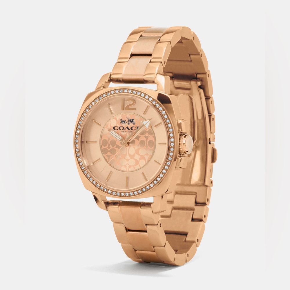 Coach Boyfriend 34 Mm Rose Gold Plated Crystal Bracelet Watch